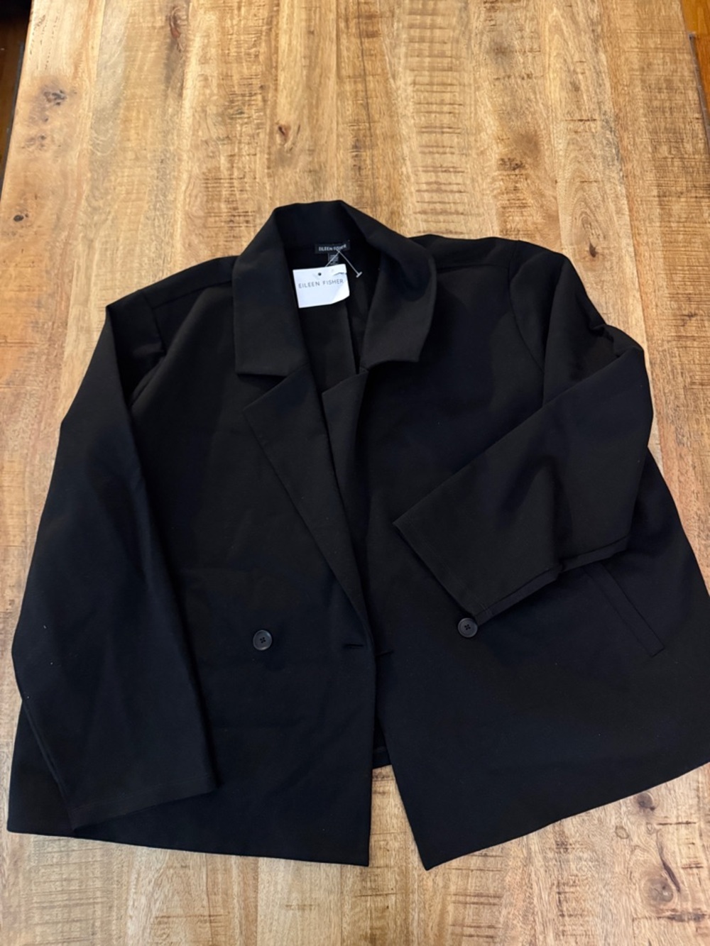 Eileen Fisher 100% wool black Minimalist Double-Breasted Blazer jacket NWT